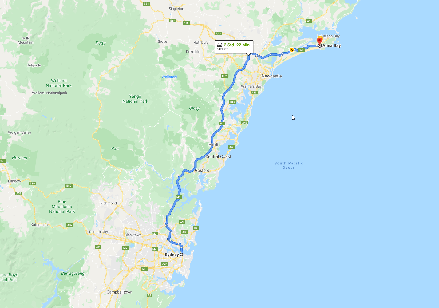 2020 01 03 08 Sydney bis Anna Bay Route